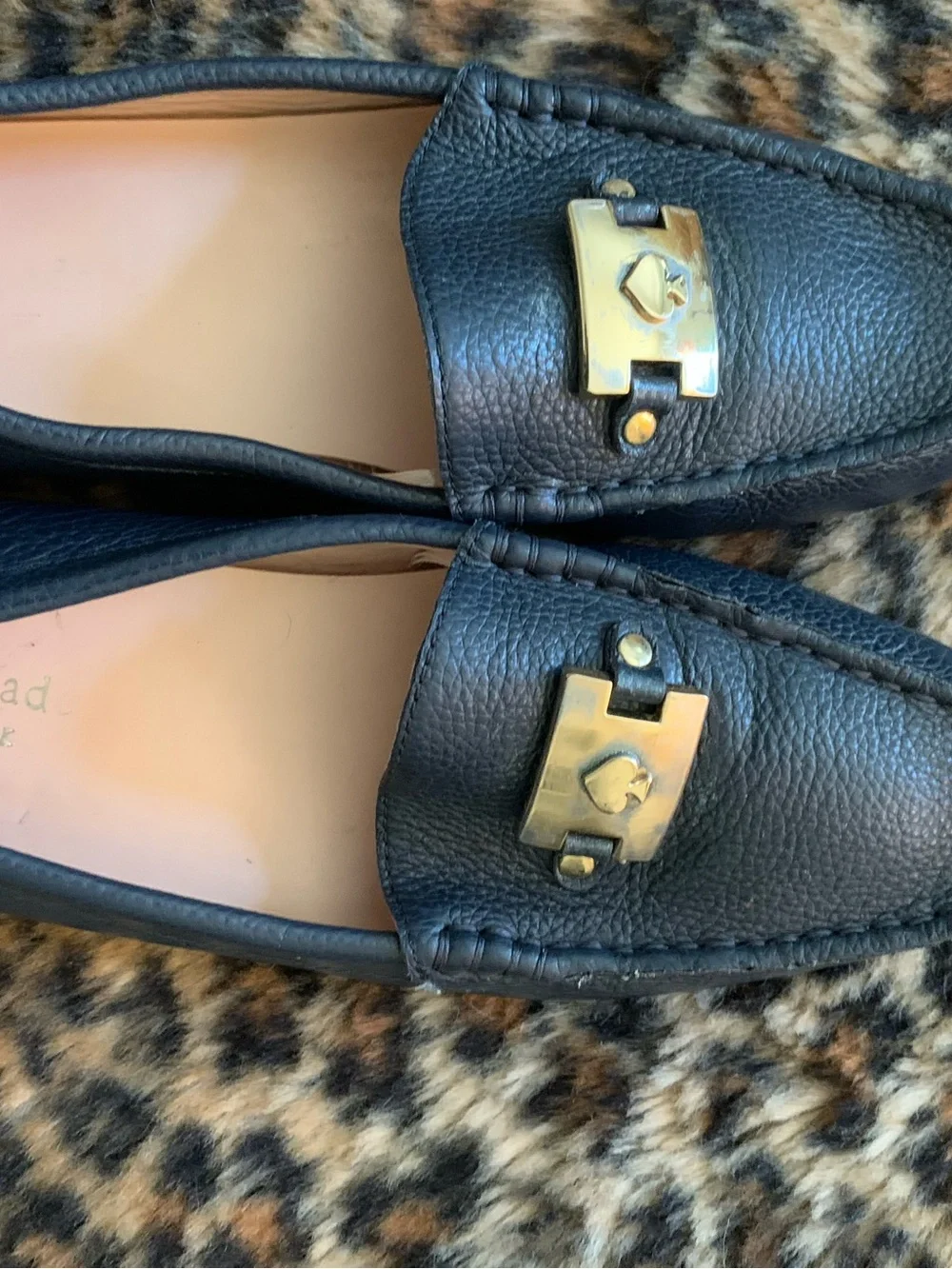 kate spade Black Leather Gold-Buckle Driving Loafers